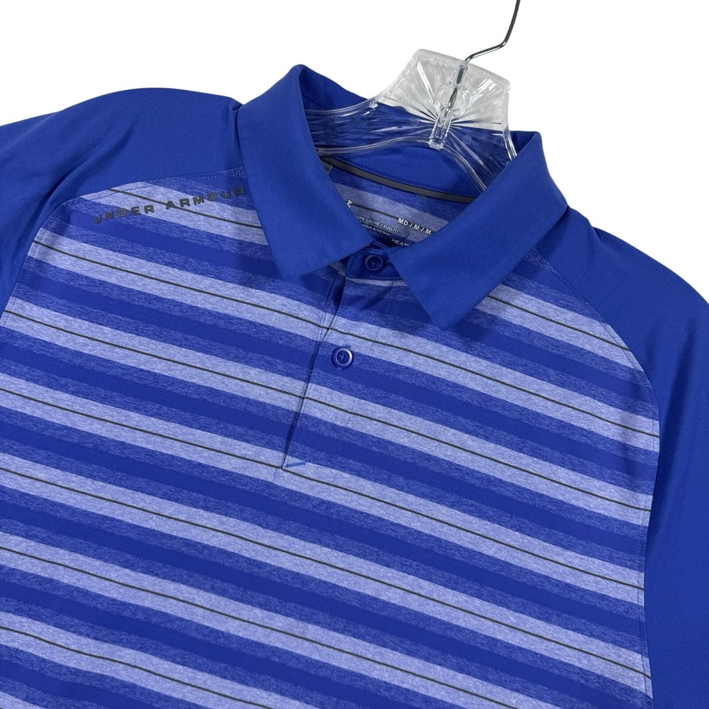 Under Armour Polo Shirt Mens Medium Blue Striped HeatGear Short Sleeve Loose Fit